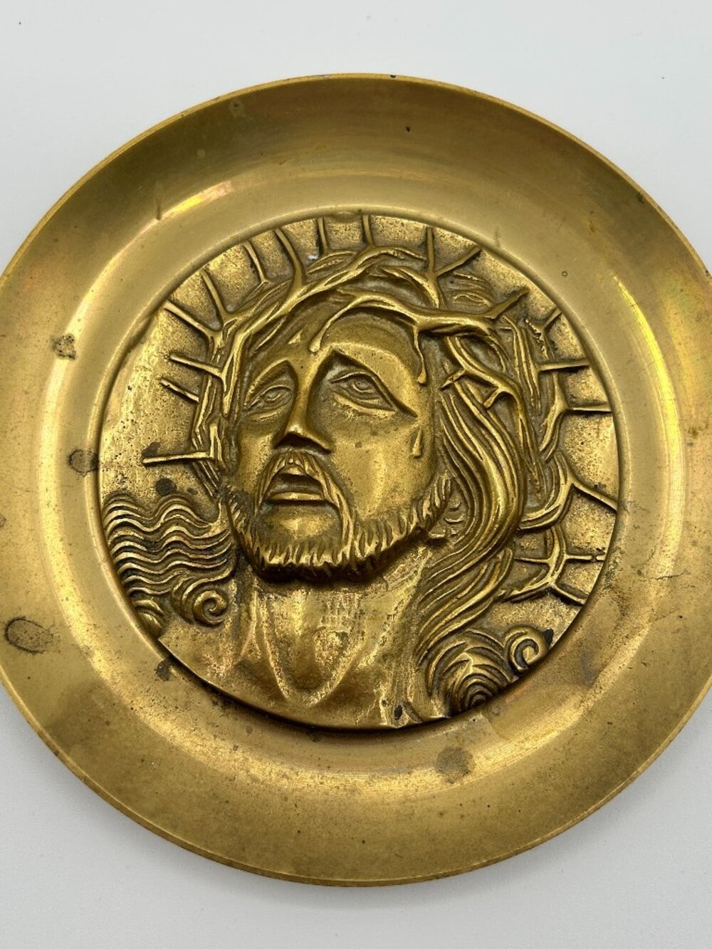 Vintage Brass Jesus Plate 3D Art Crown of Thorns Metal Crucifix Plaque Christian